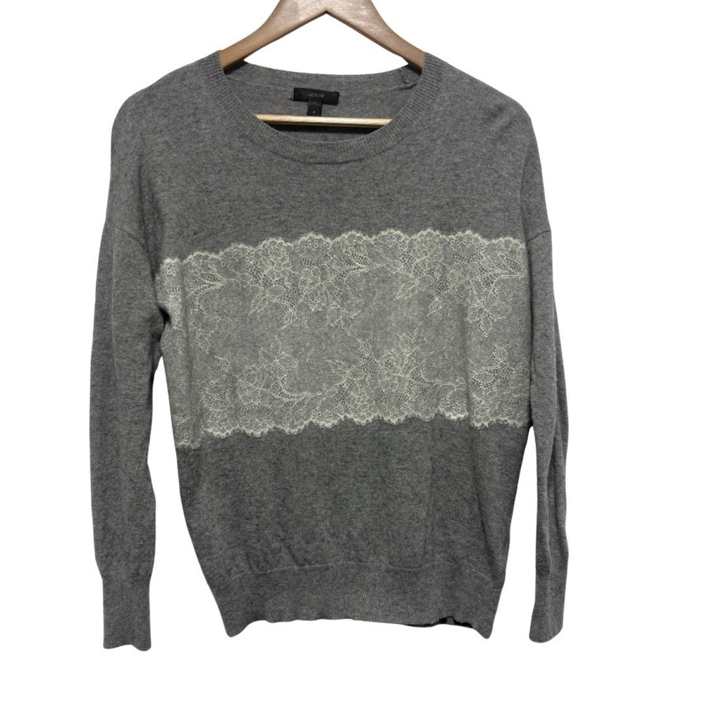 J Crew Sweater Womens S Gray Lace Detail Wool Blend Long Sleeve Lightweight Knit